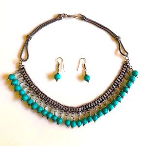 Vintage 90s Oxidized Silver Turquoise Necklace Set